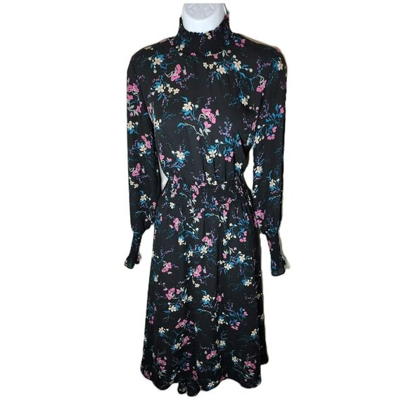 Nanette Lepore Floral Midi Dress | Size 4 | Black Hi-Low Hem | Smocked Waist/Cuf - Picture 9 of 10